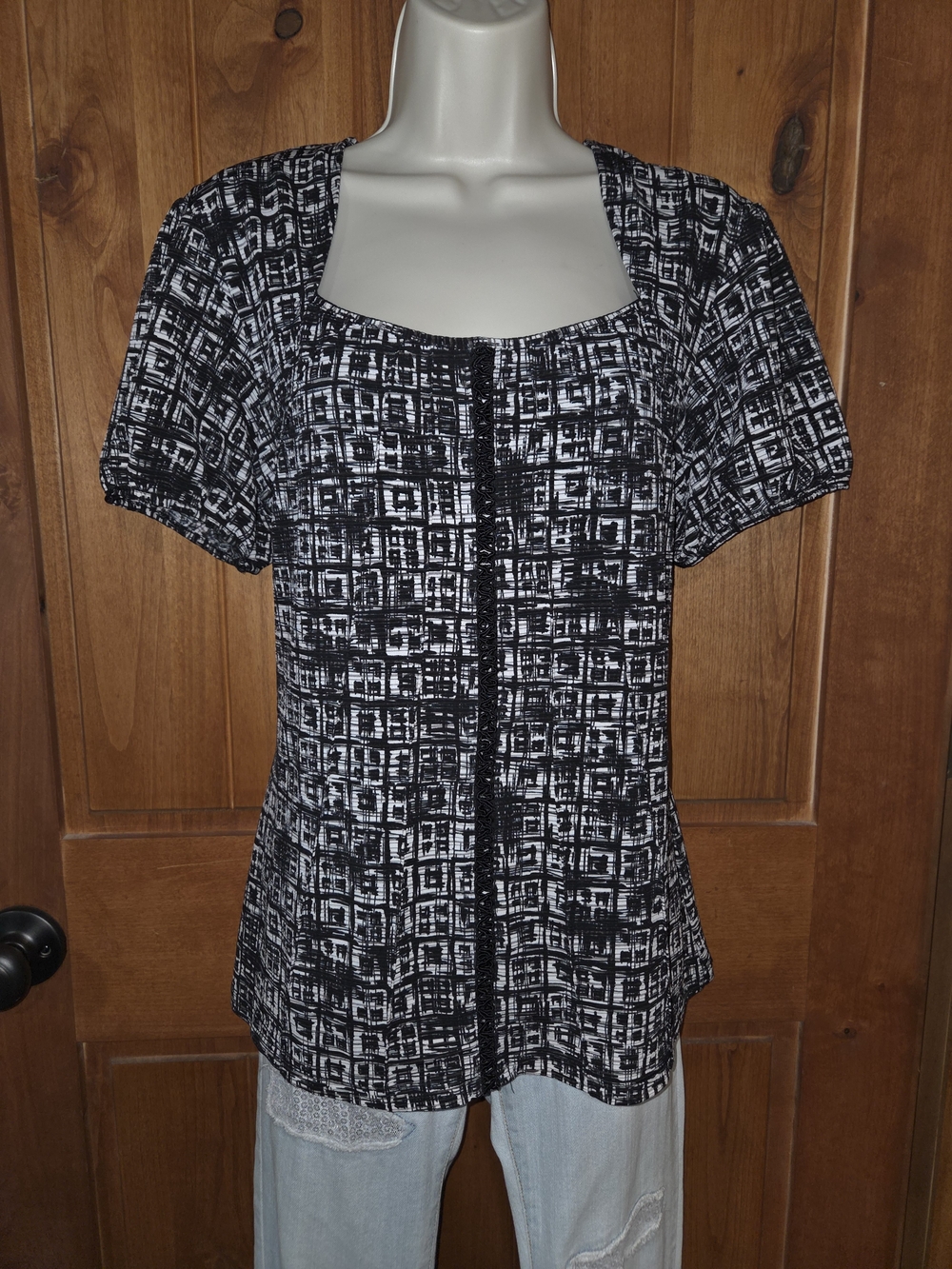 Susan Graver Black and White Square-Neck Short Sleeve Blouse